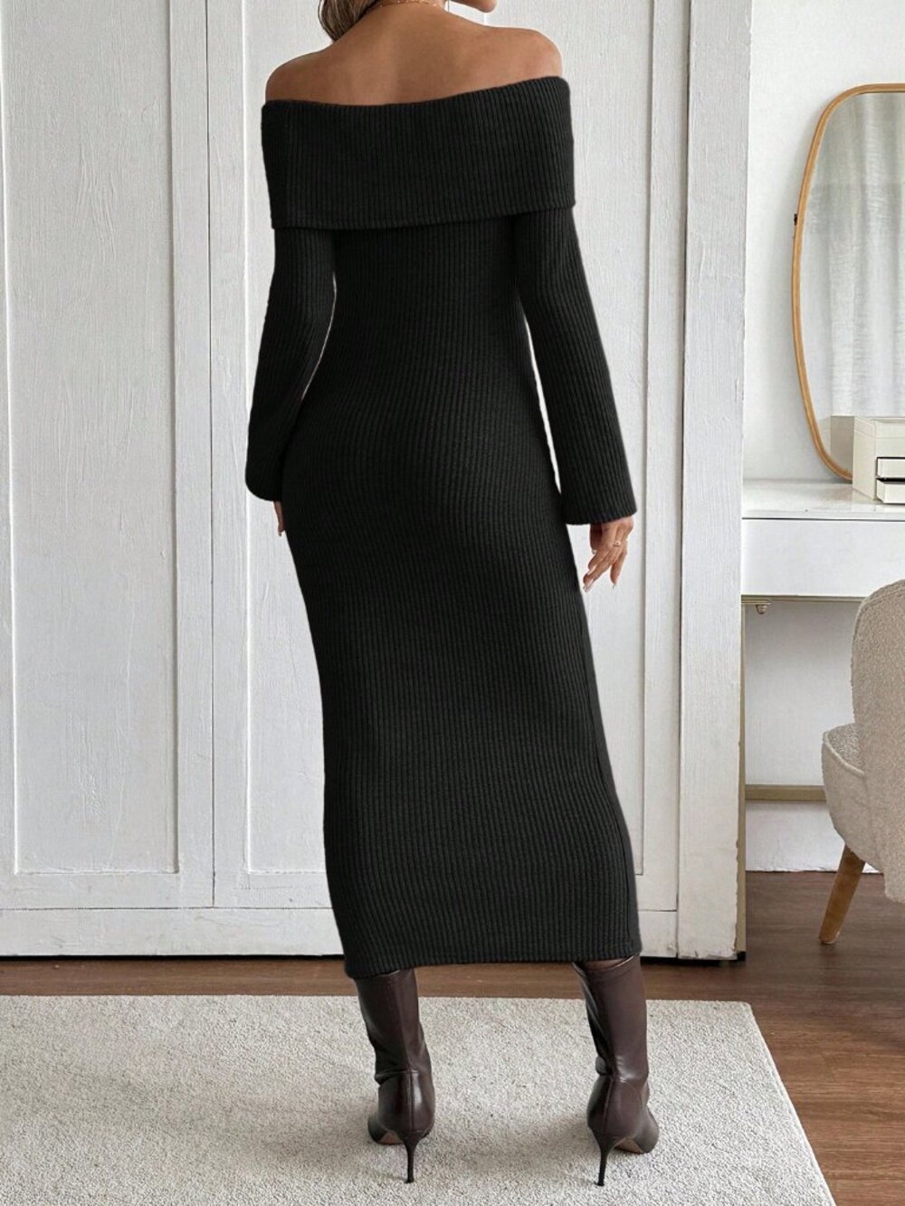 Black Elegant Women's Casual Off Shoulder Fuzzy Ribbed Long Sleeve Midi Dress - Picture 2 of 5